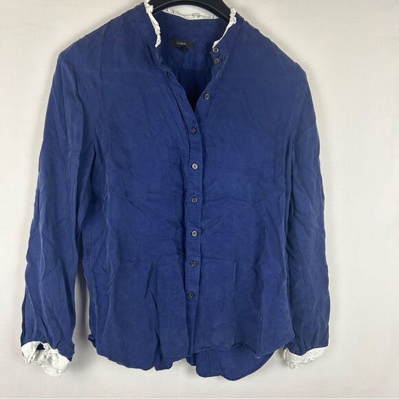 J. Crew navy ruffle collar cuff button blouse top size M - Picture 2 of 9